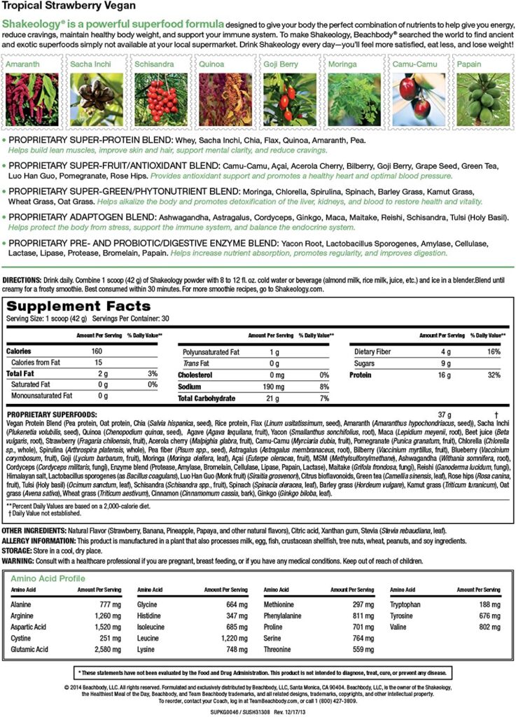 shakeology nutritional information and ingredients